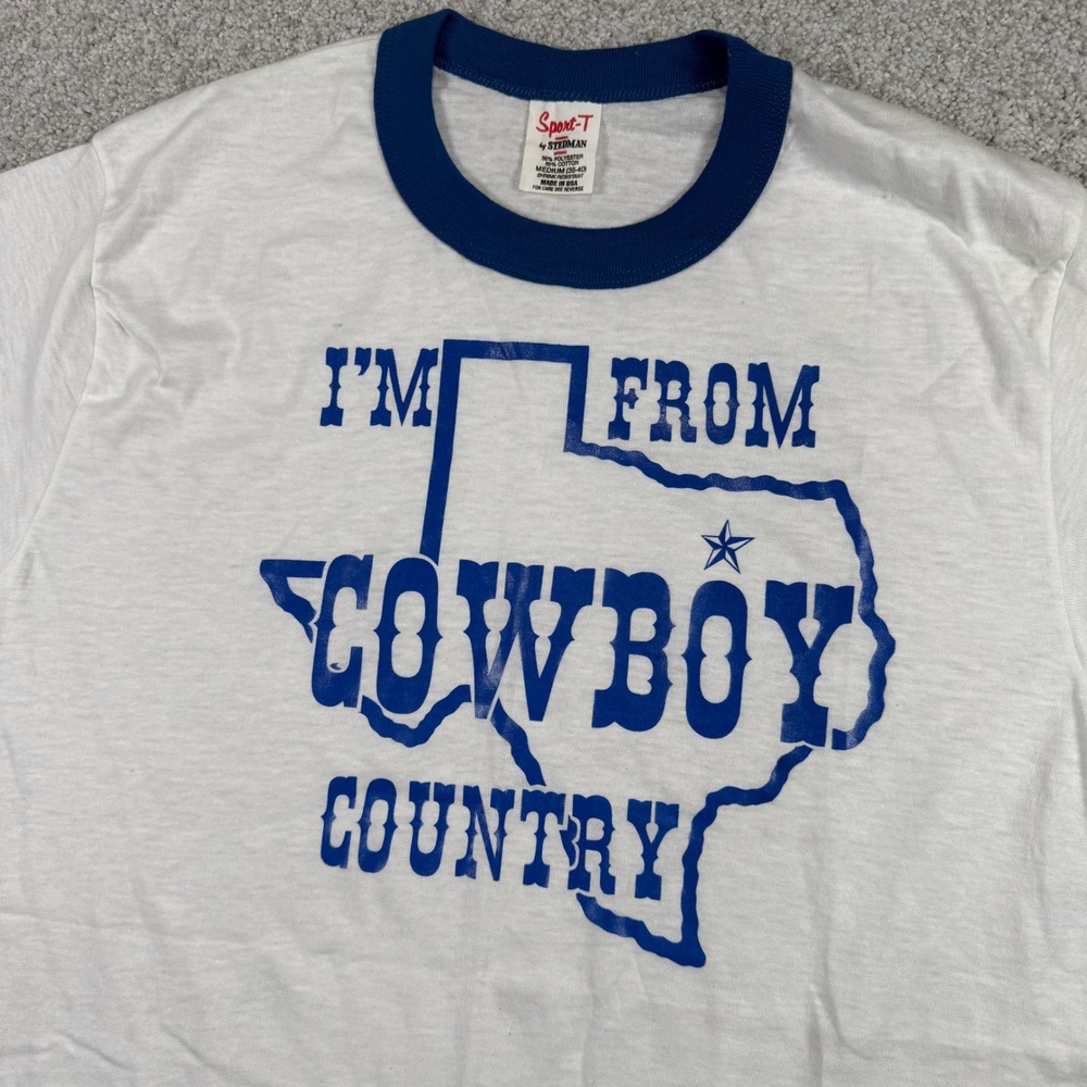 Vintage T-Shirt Mens Medium White Cowboy Country Texas Ringer